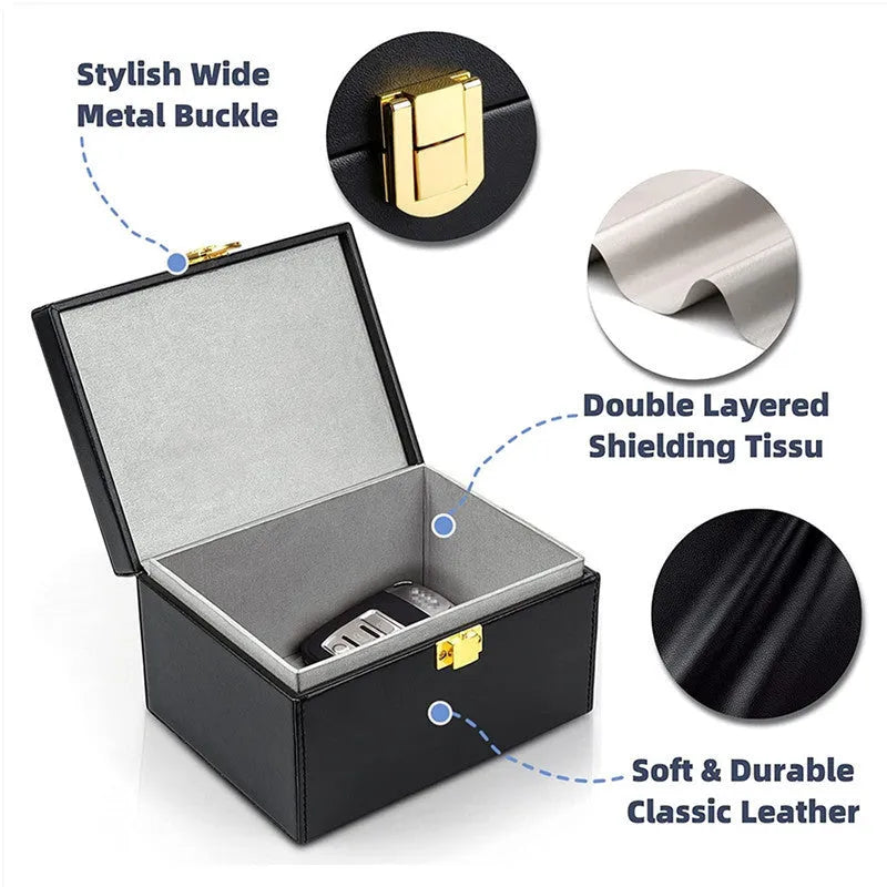 Slate grey RFID shielding box suit with carbon fibre lining and two matching key cases