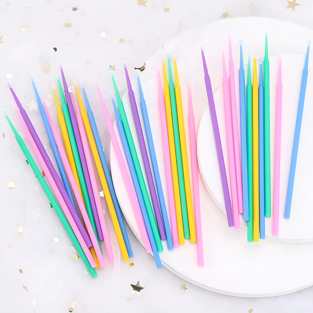 Disposable micro applicator brushes with colourful handles and bendable cotton swabs for makeup and eyelash extensions