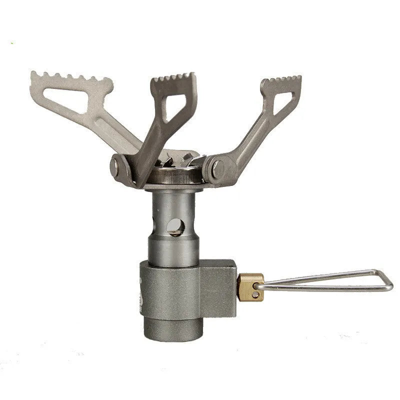 Portable propane camping stove with a one-piece metal furnace body.