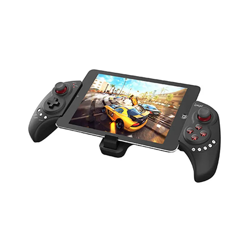 Wireless telescopic gamepad controller extended with mobile phone showing Apple iOS and Android compatibility