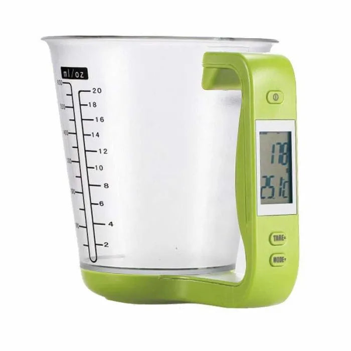 Green digital kitchen measuring cup scale with LCD display in handle