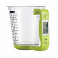 Green digital kitchen measuring cup scale with LCD display in handle