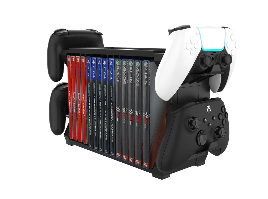 Black plastic PS5 and Xbox Series X game disc holder with space for four controllers.
