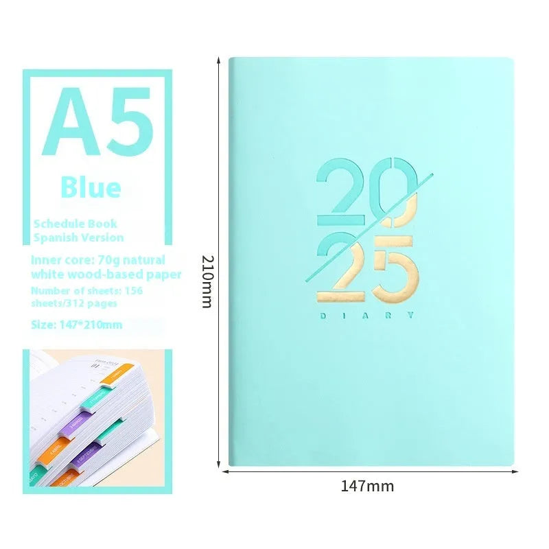 A5 daily planner notebook with faux leather cover open on a desk