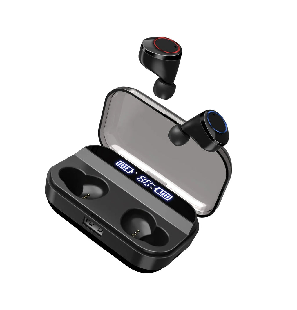 Black X11 Bluetooth wireless earbuds and charging case with six silicone ear sleeves.