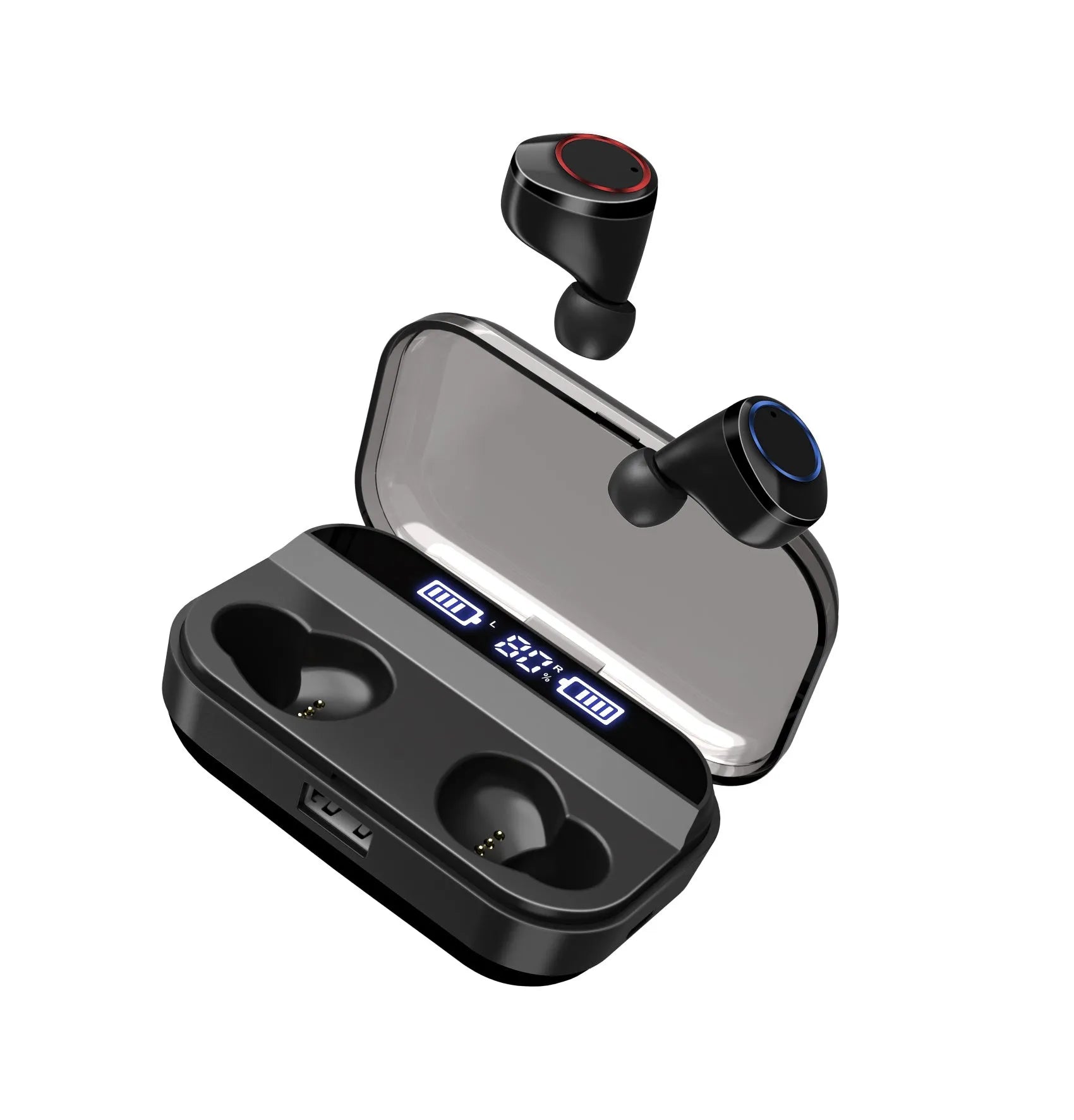 Black X11 Bluetooth wireless earbuds and charging case with six silicone ear sleeves.
