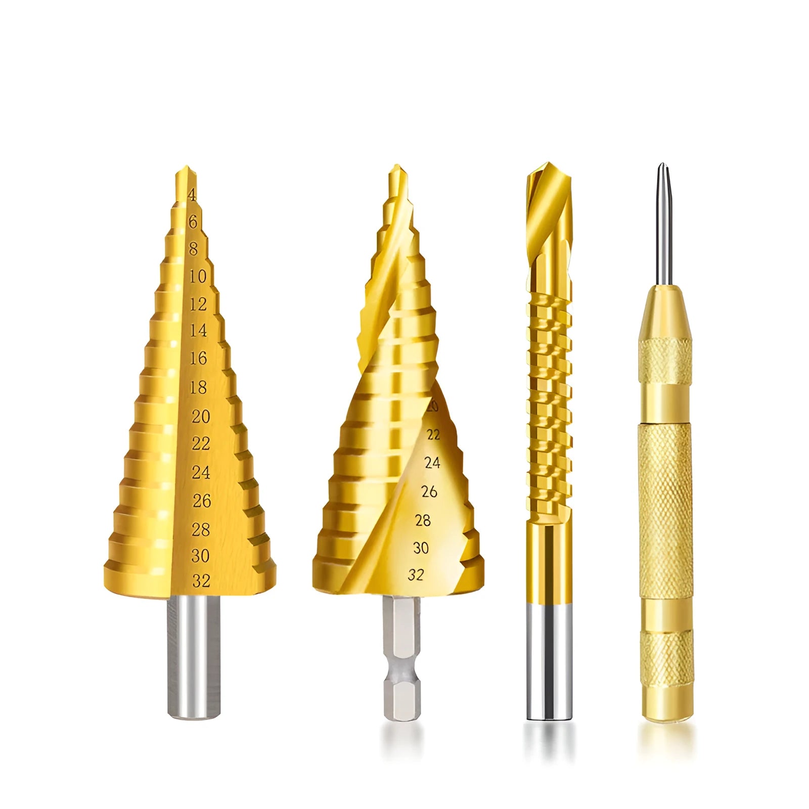 Cone drill bit punch set with high speed steel step drills and centre punches in six configuration options