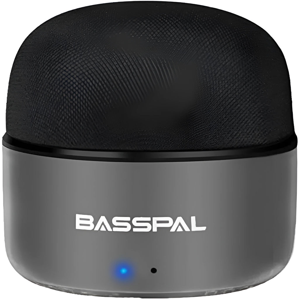 Black portable mini Bluetooth speaker with waterproof rating and button controls.