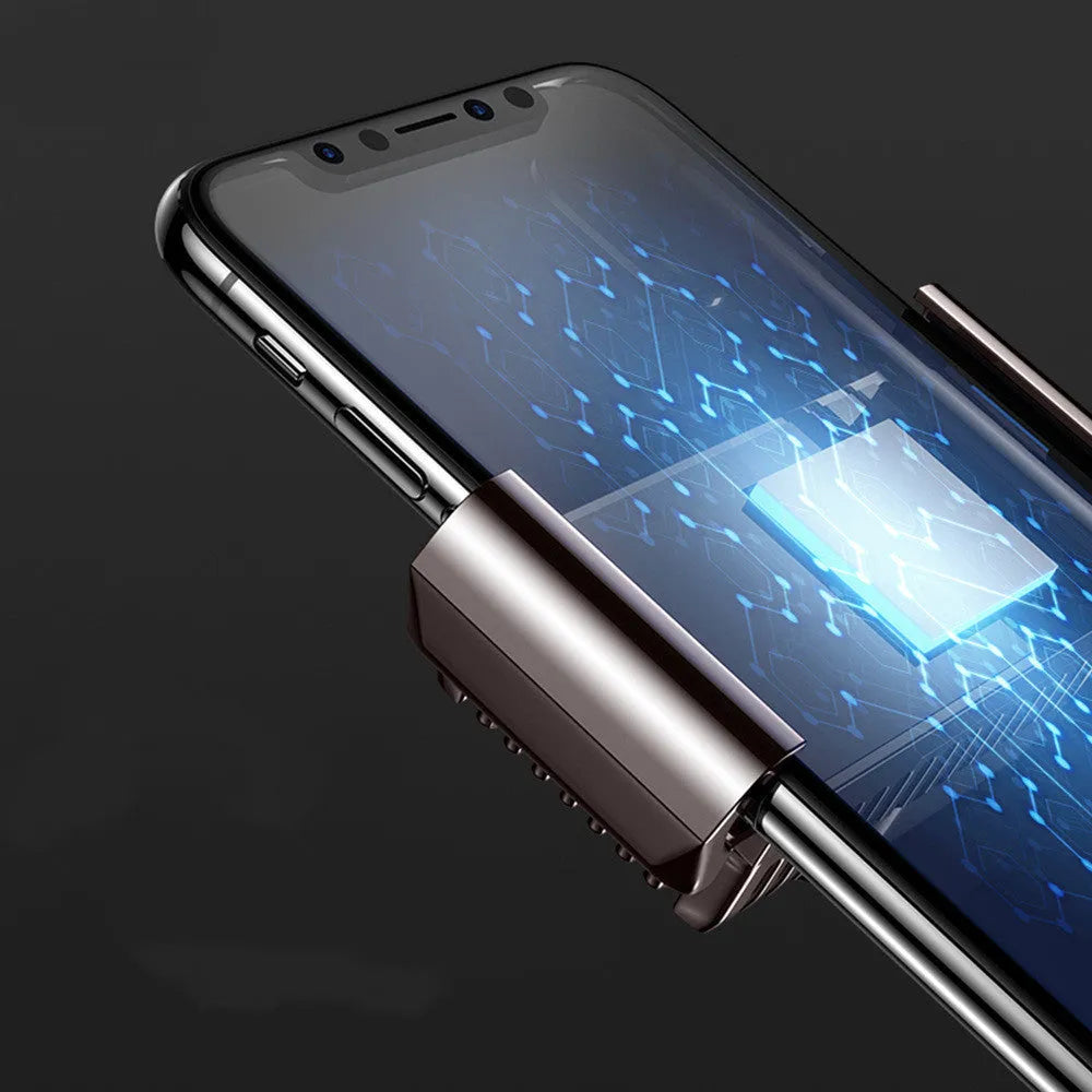 Black mobile phone cooling radiator with clip, shown next to a data cable on a white background.