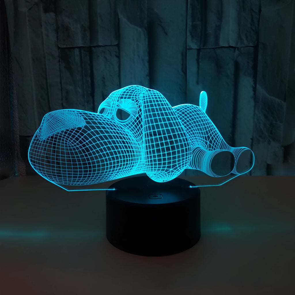 Doggo 3D illusion desktop lamp glowing in blue colour with touch button control.
