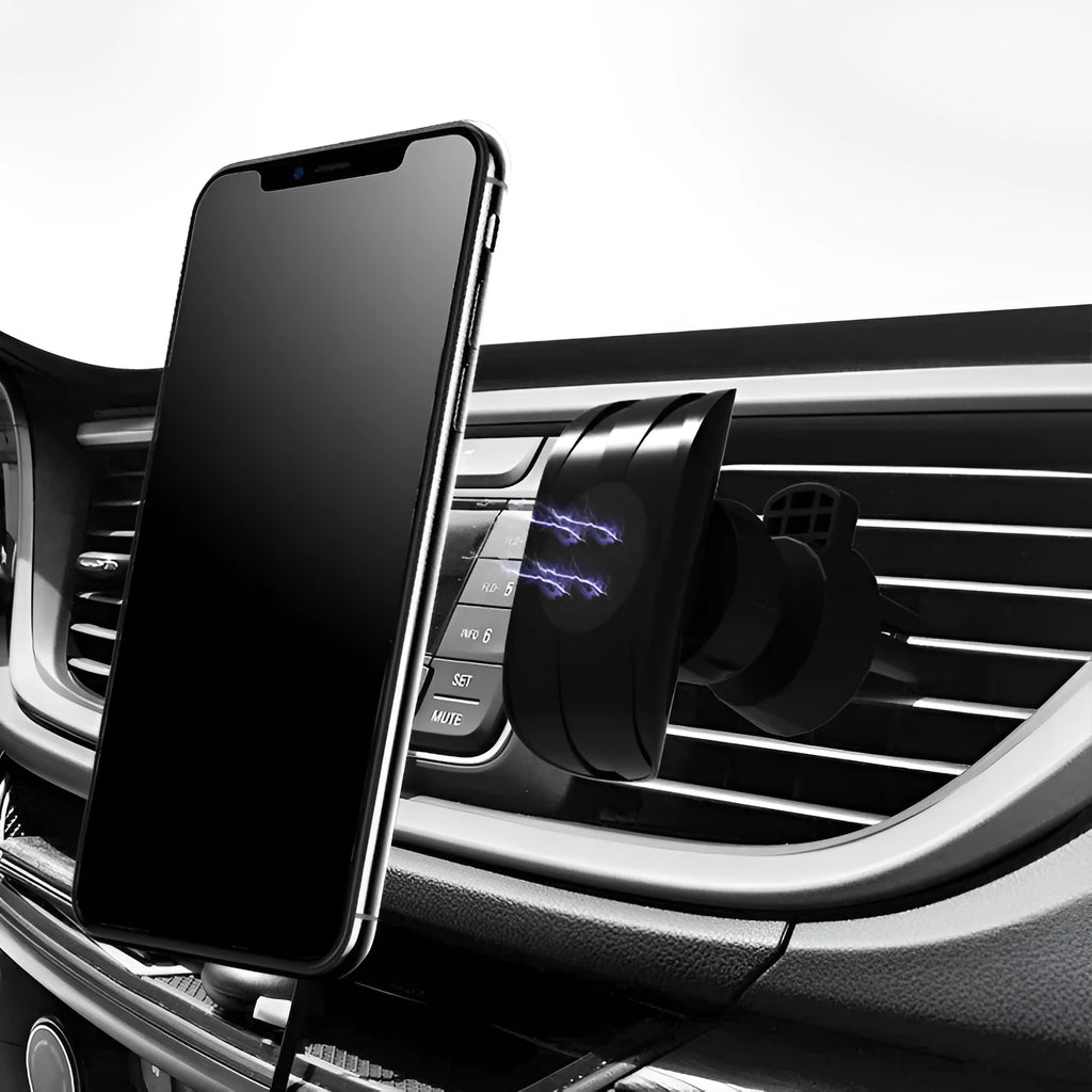 Glossy black car phone holder mounted on car air vent for smartphone securement
