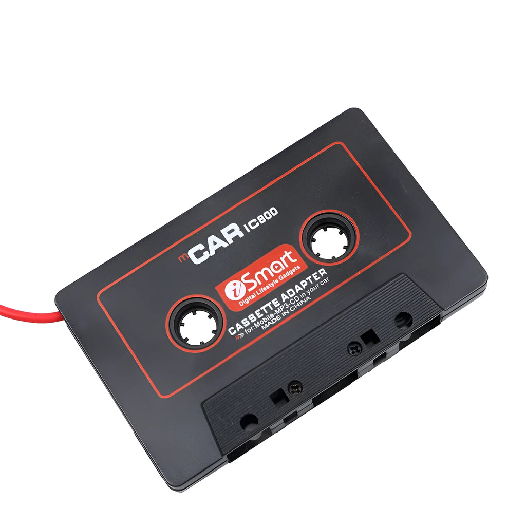 Black plastic audio cassette adapter with 3.5mm jack cable for converting car stereos to accept mobile phone audio
