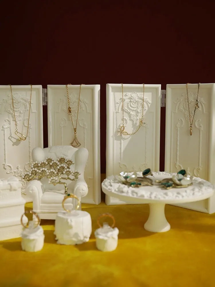 White plaster gypsum jewelry display stand with three layers and retro shape for necklace photography
