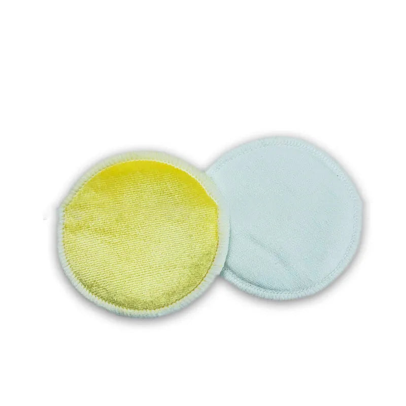 Velvet makeup remover pads in red and blue colours showing soft texture and circular 8cm size