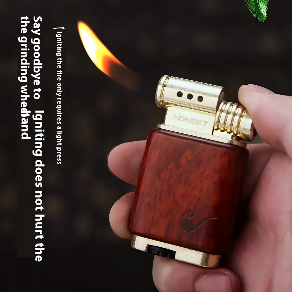 Ebony gas lighter with black wood finish and rosewood decorative detailing