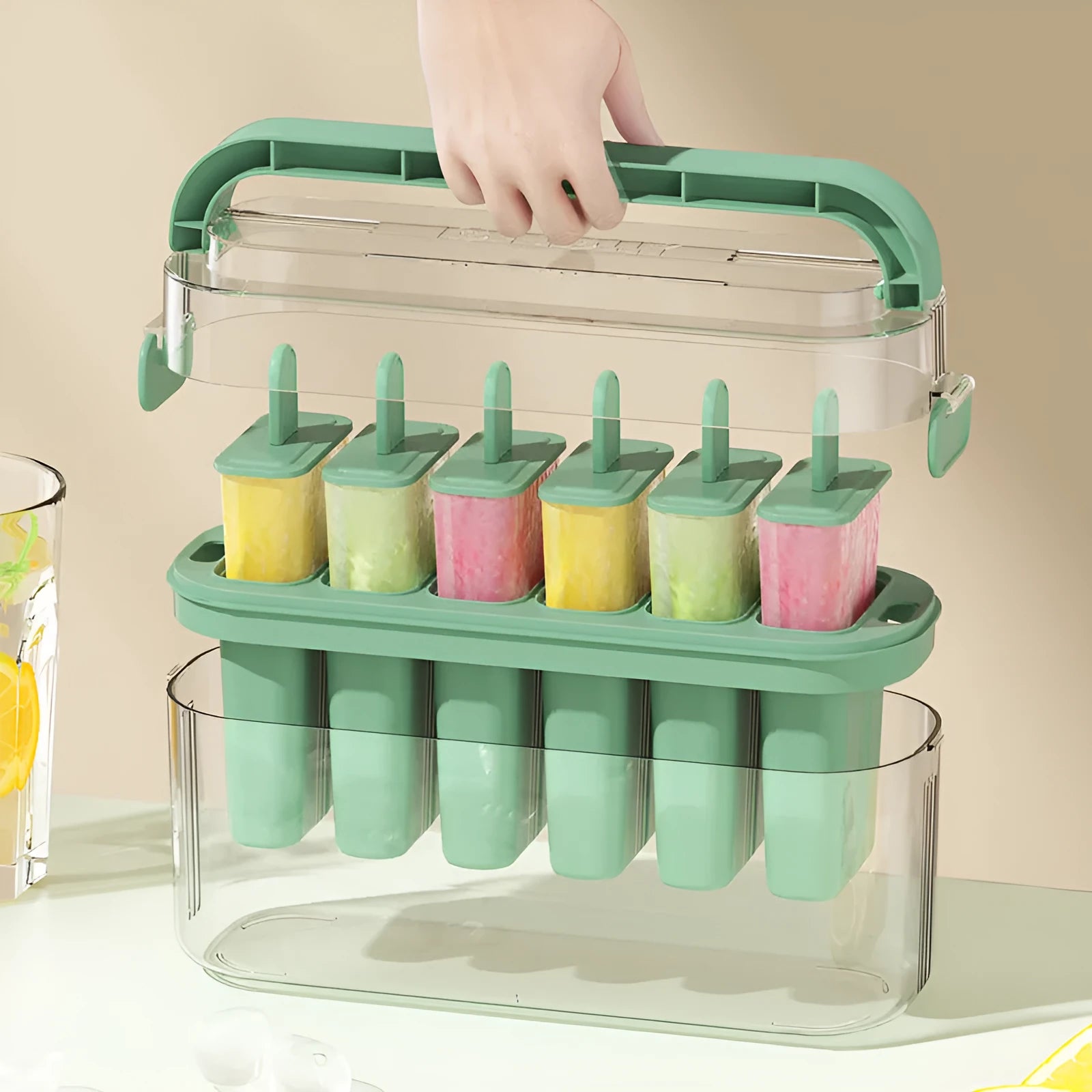 Green portable popsicle mold made from PP PET materials measuring 23.4 cm tall