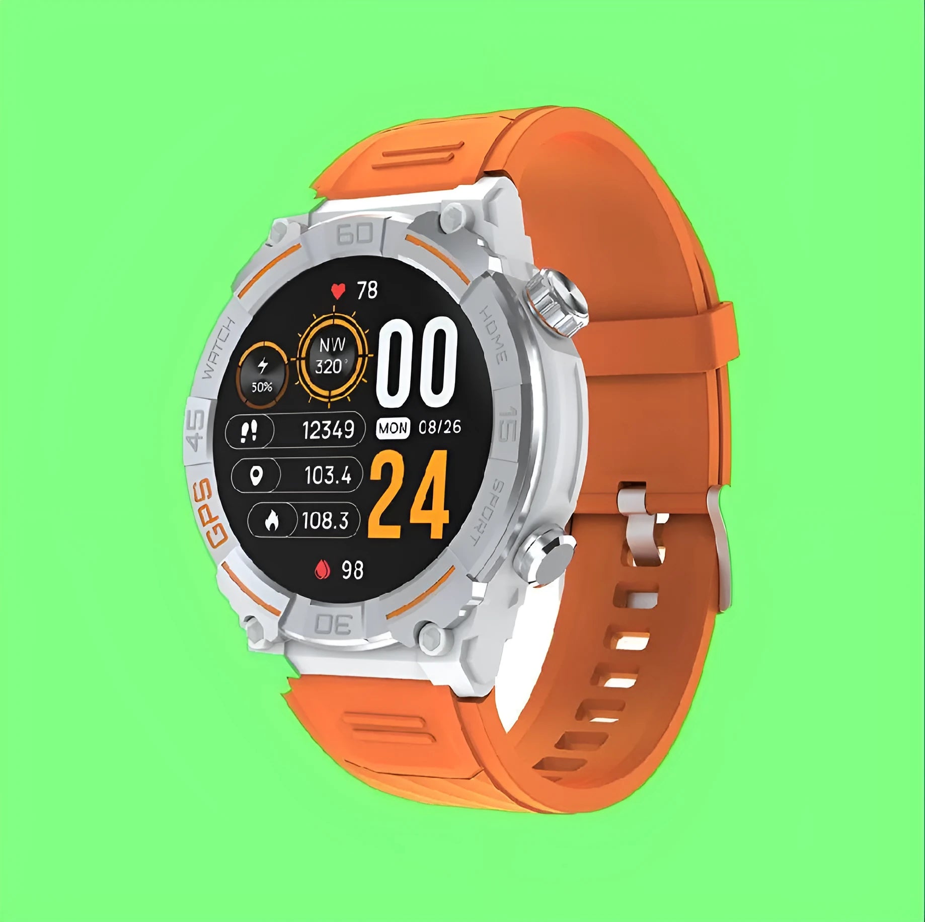 MG02 smart watch in black, khaki, or silver orange with a strap, showing its display and Bluetooth calling feature.