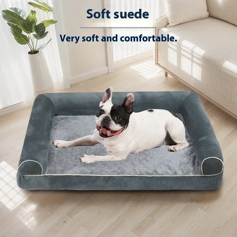 Square sponge dog bed with a breathable cloth cover, shown in blue colour.
