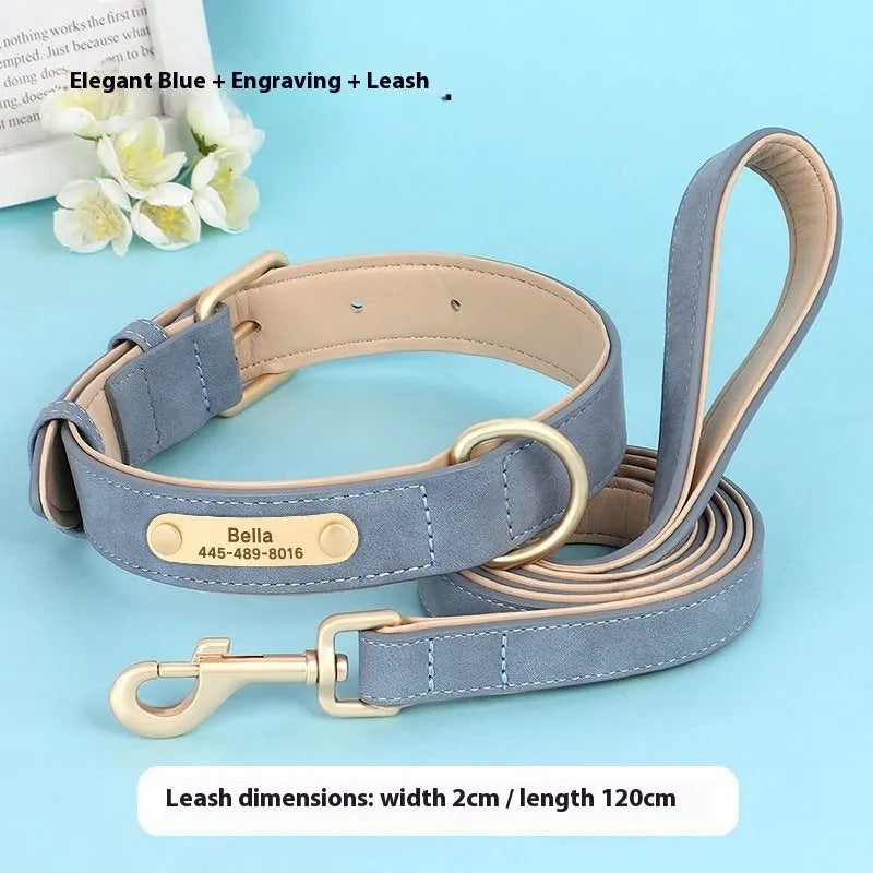 A rose red double-layer leather dog collar with mohair lining and a matching traction rope on a white background.