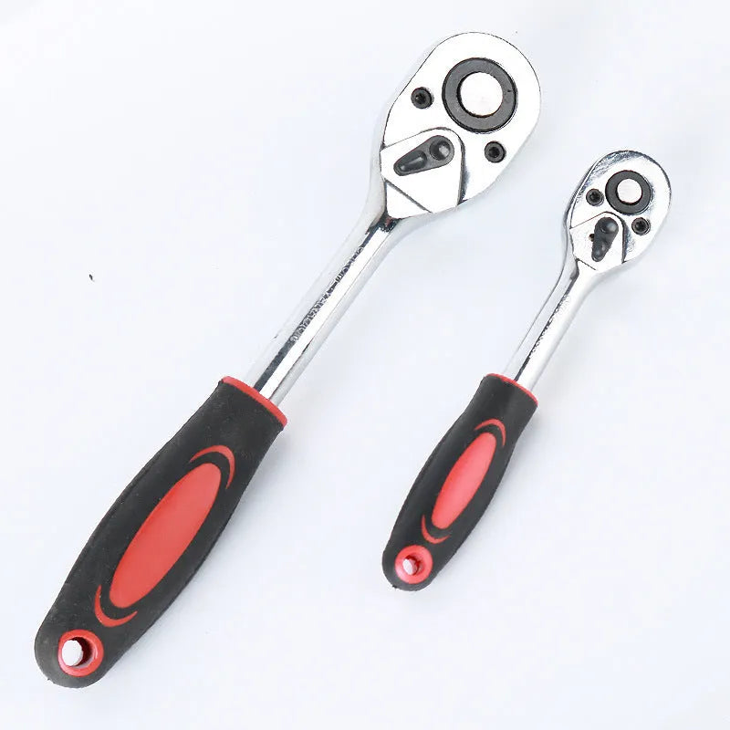 61-piece chrome vanadium steel car repair socket and wrench tool set with ratchets, laid out in case.