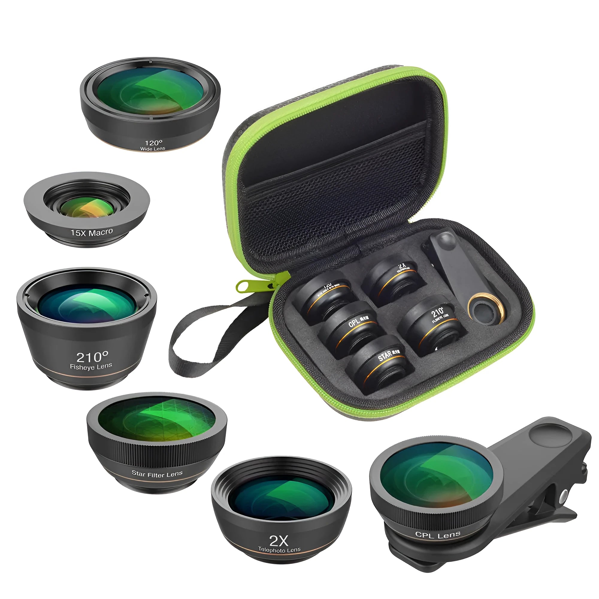 6 in 1 universal smartphone camera lens kit with fisheye, wide, macro, telephoto, CPL and star filter lenses and mounting clip.
