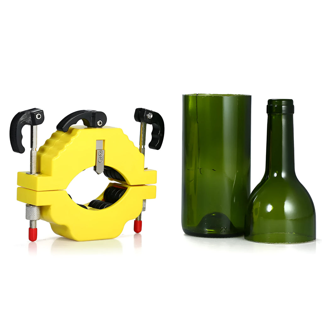 Adjustable glass bottle cutter tool in yellow with stainless steel blade for DIY craft projects