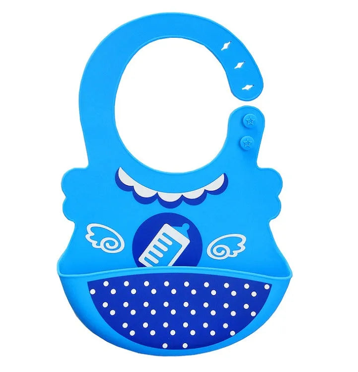 Waterproof silicone baby feeding bib with deep pocket in multiple colours, 28x21cm, on a white background