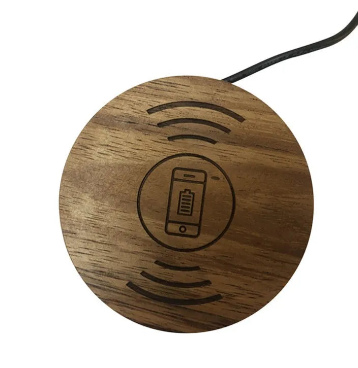 60mm round wireless charging pad for embedding into furniture surfaces with USB cable connection