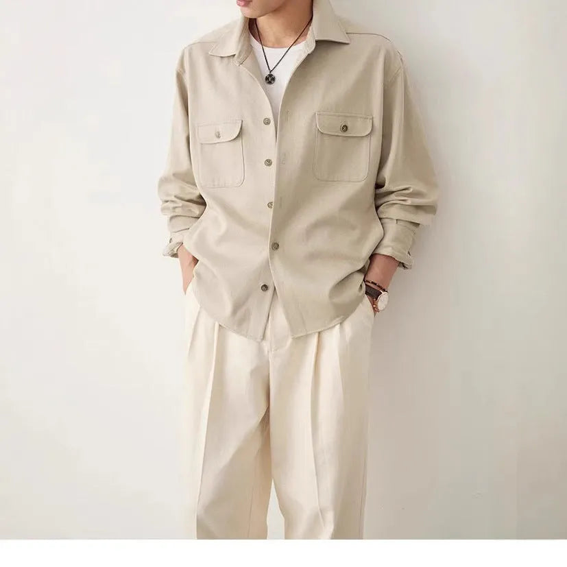 Men's light sand rice casual shirt with a lapel collar and long sleeves.