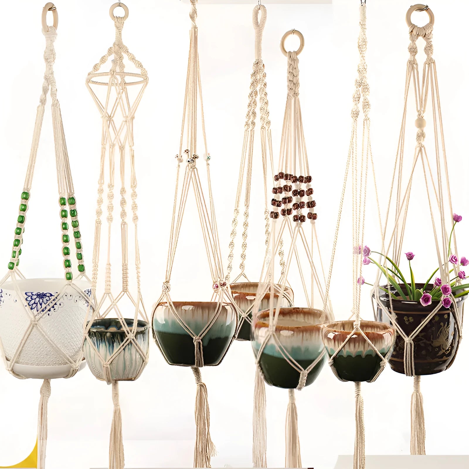 Woven cotton rope wire basket plant pot holder in a wall hanging style.
