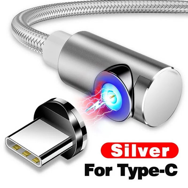 Magnetic charging cable with Micro USB, USB-C and Lightning connectors in aluminium housing