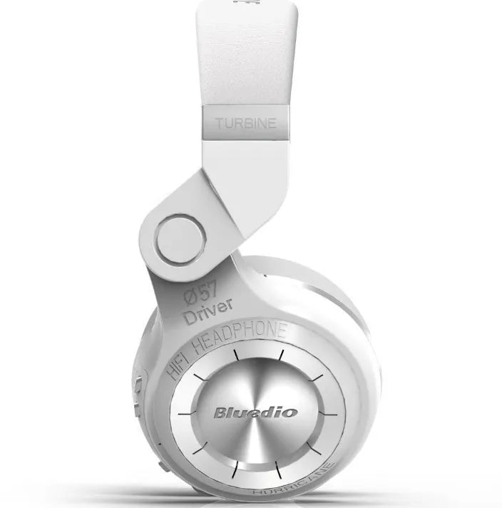 Blue String T2 black and white Bluetooth over-ear headset with folding metal design and detachable cable.
