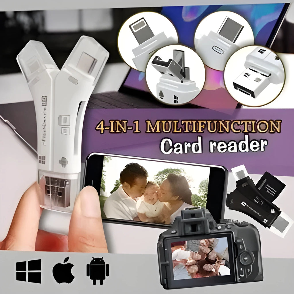 White 4-in-1 mobile phone card reader with Lightning, USB, TYPE-C, and Micro USB ports for SD and Micro SD cards.