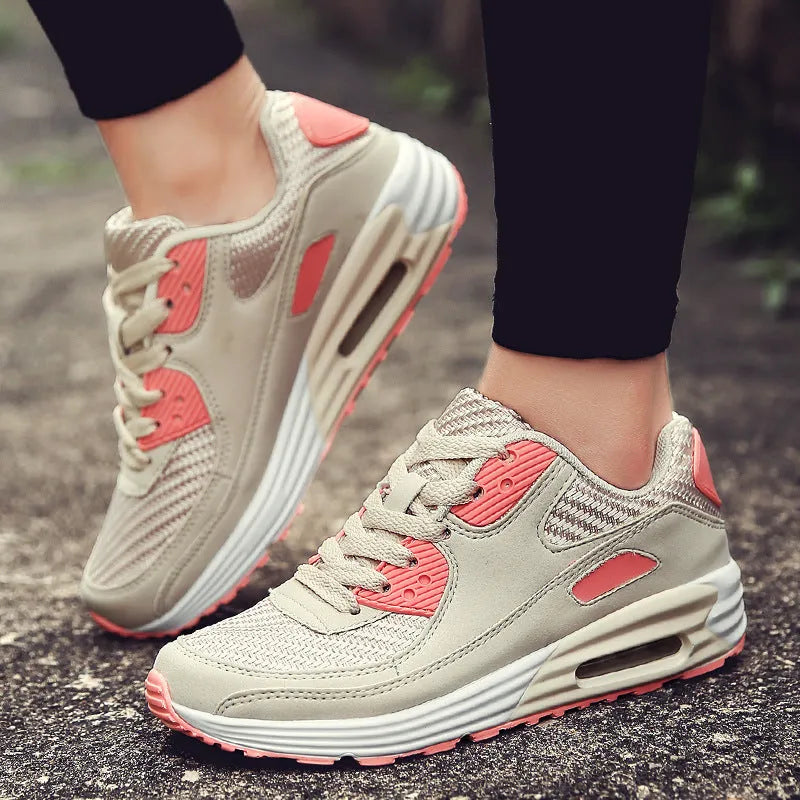 Women's low-heel casual shoes in beige orange, grey, and pink purple on a white background.