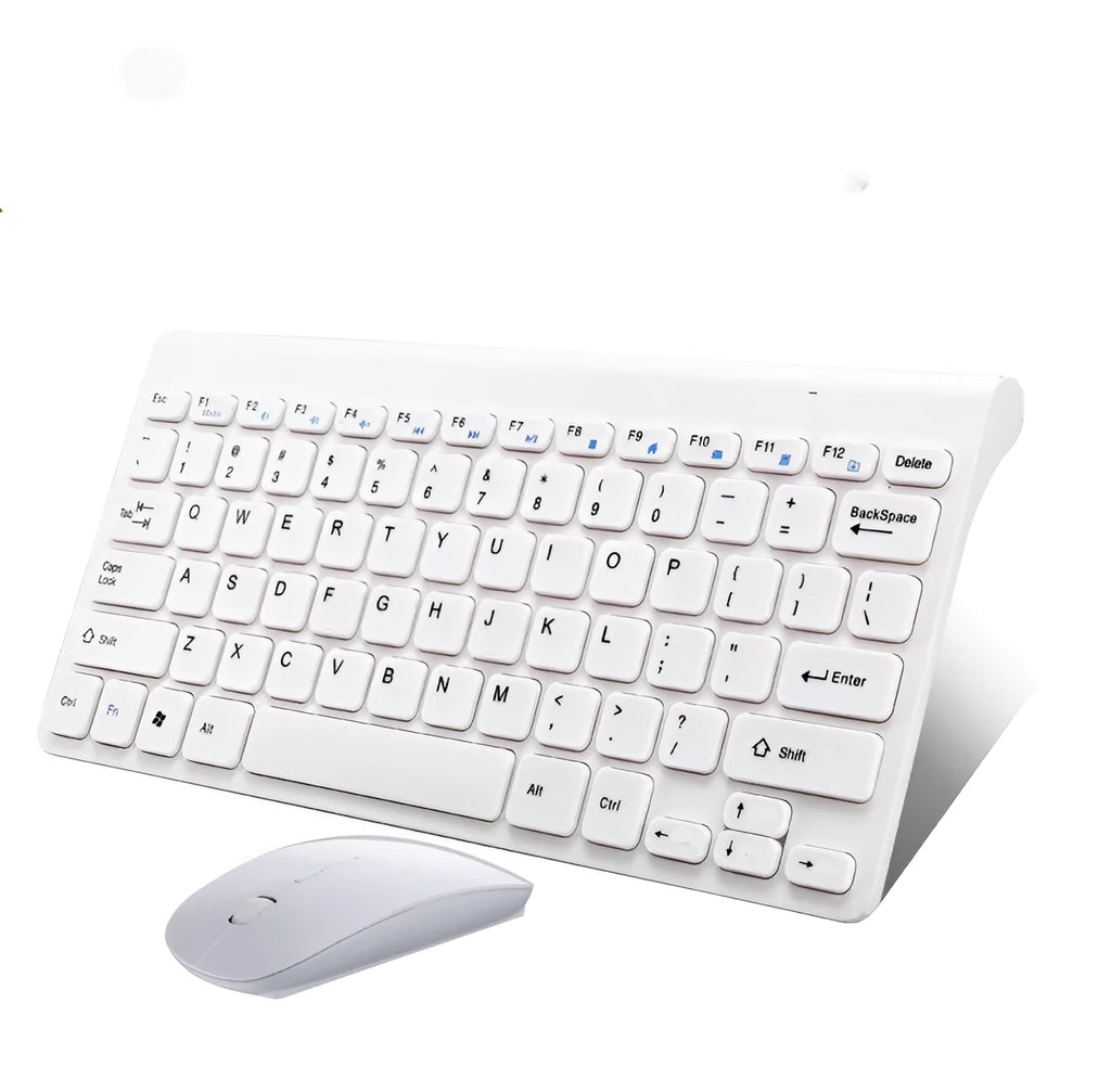 Black and white wireless keyboard and mouse set with 78 keys and 4 buttons showing 10-metre wireless range