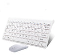 Black and white wireless keyboard and mouse set with 78 keys and 4 buttons showing 10-metre wireless range