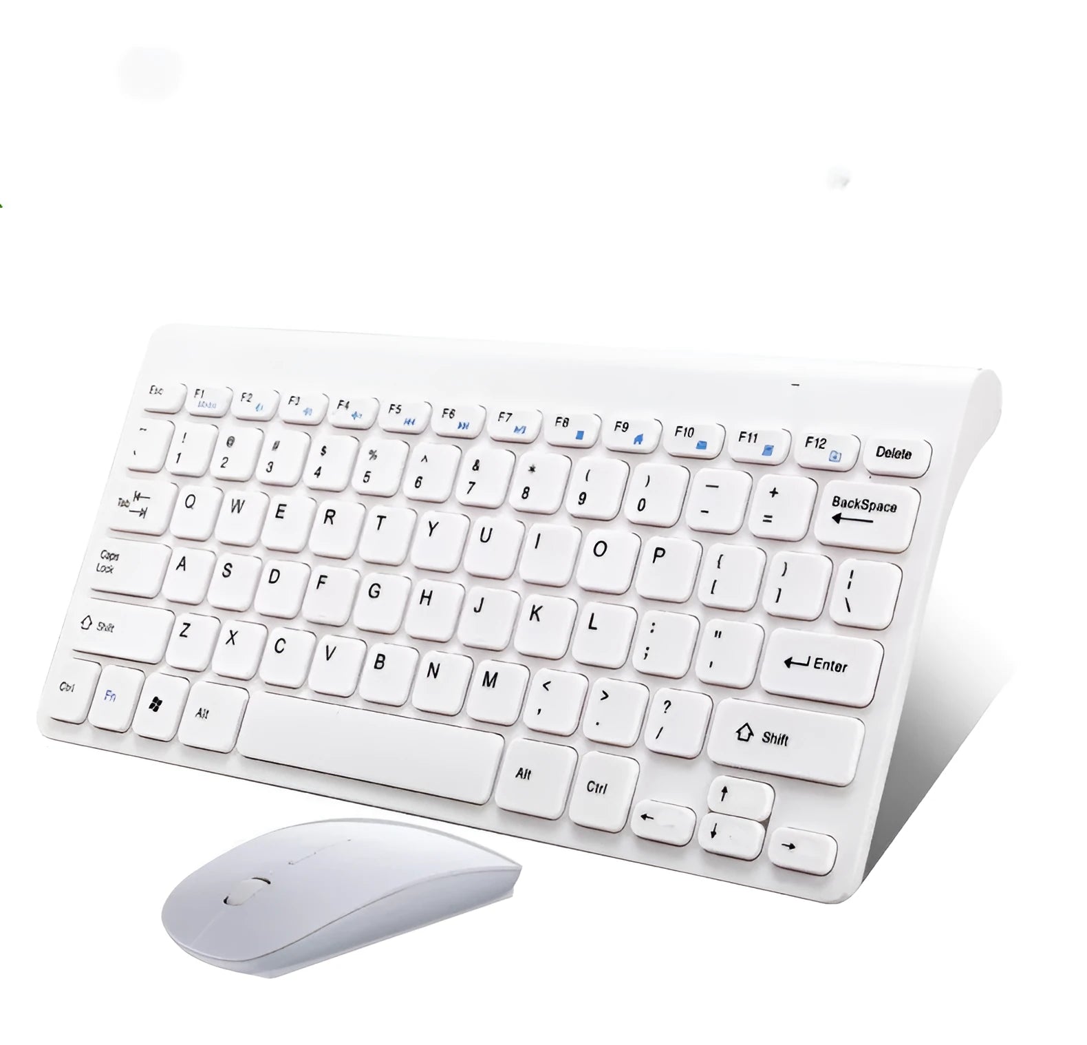 Black and white wireless keyboard and mouse set with 78 keys and 4 buttons showing 10-metre wireless range