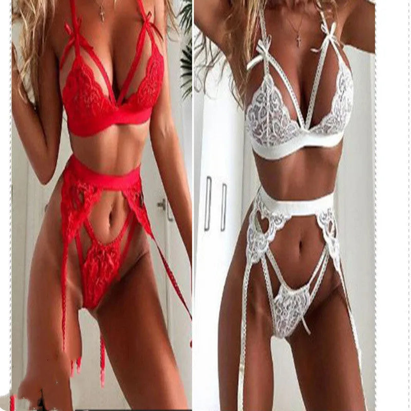 Lace lingerie set for women in red and white with polyester fibre fabric