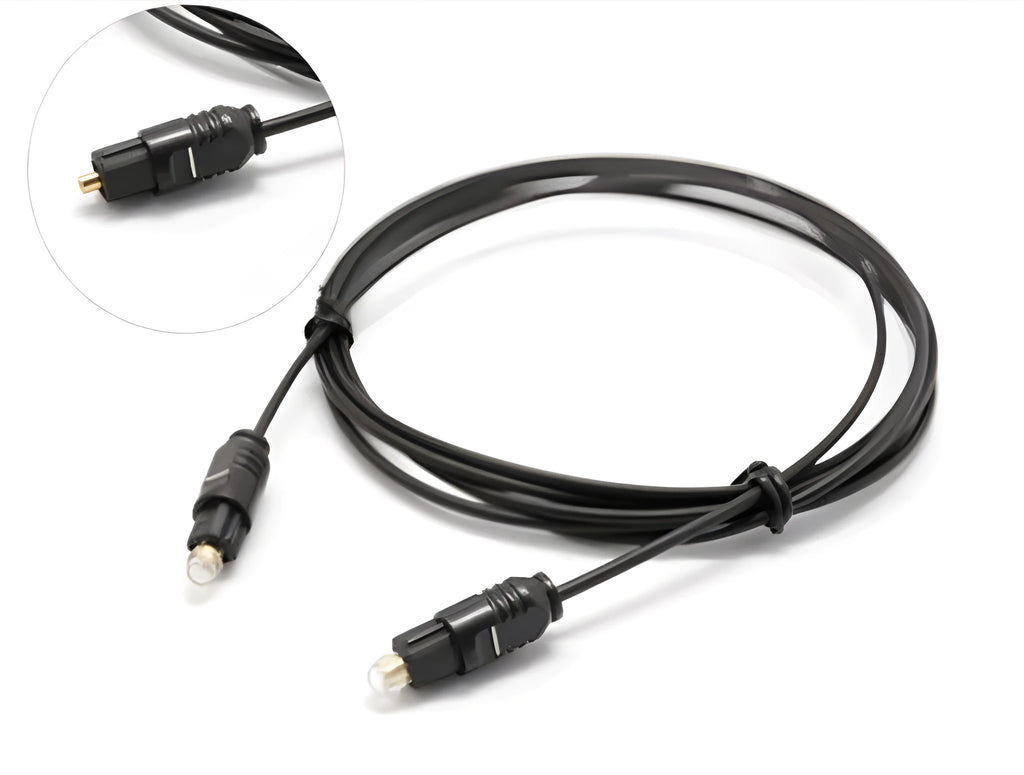 OD2.2 specification digital audio optical fibre cable with TOSLINK connectors on a white background.