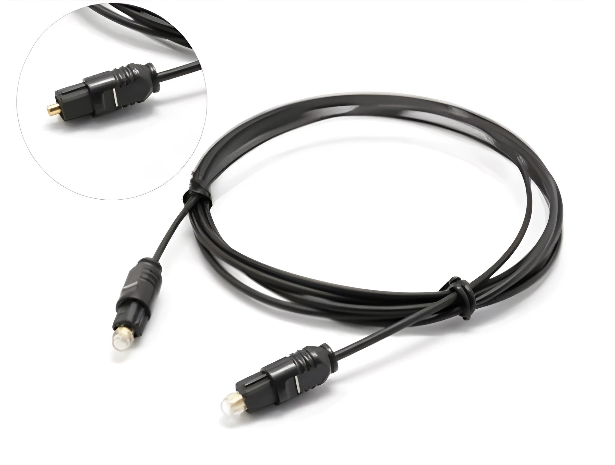 OD2.2 specification digital audio optical fibre cable with TOSLINK connectors on a white background.
