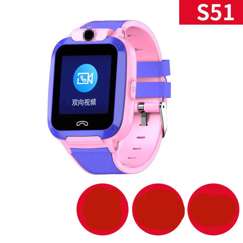 Blue children's GPS smartwatch with a 1.44-inch colour touch screen showing a video call interface.