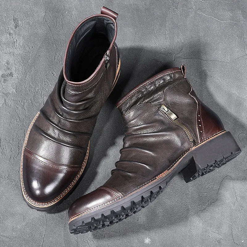 Black PU leather cowboy boots with a side zipper, horseshoe heel, and round toe on a white background.
