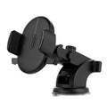 Yellow and black telescopic car phone holder with suction cup mounted on a dashboard