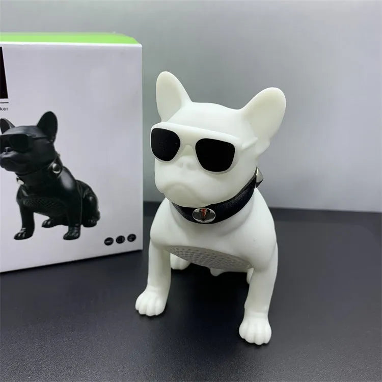 Mini full body bulldog Bluetooth speaker in three colour options showing dimensions