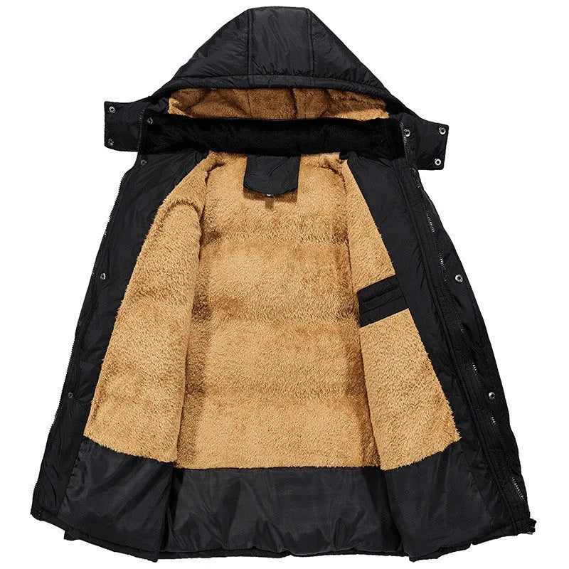 Men's black velvet-padded winter jacket with hood and double-breasted placket in loose fit