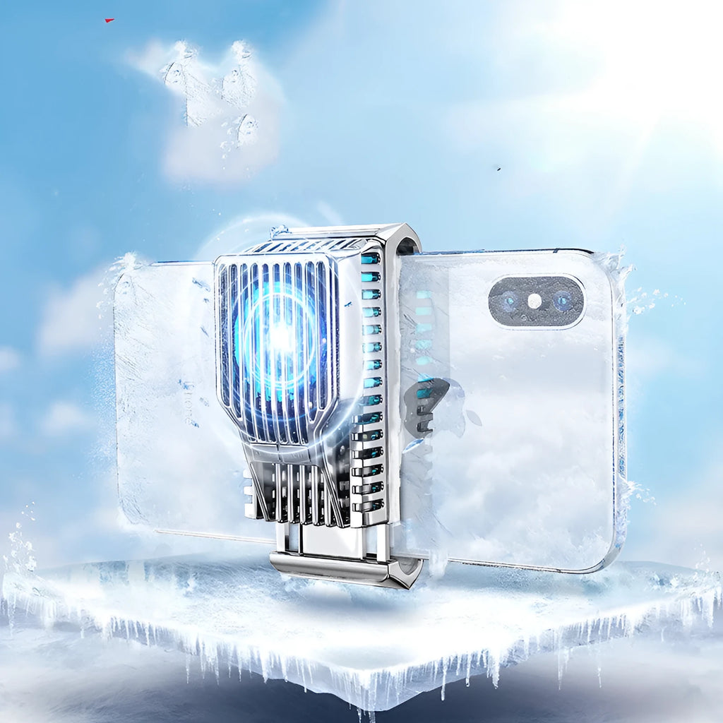 Black mobile phone cooling radiator with clip, shown next to a data cable on a white background.