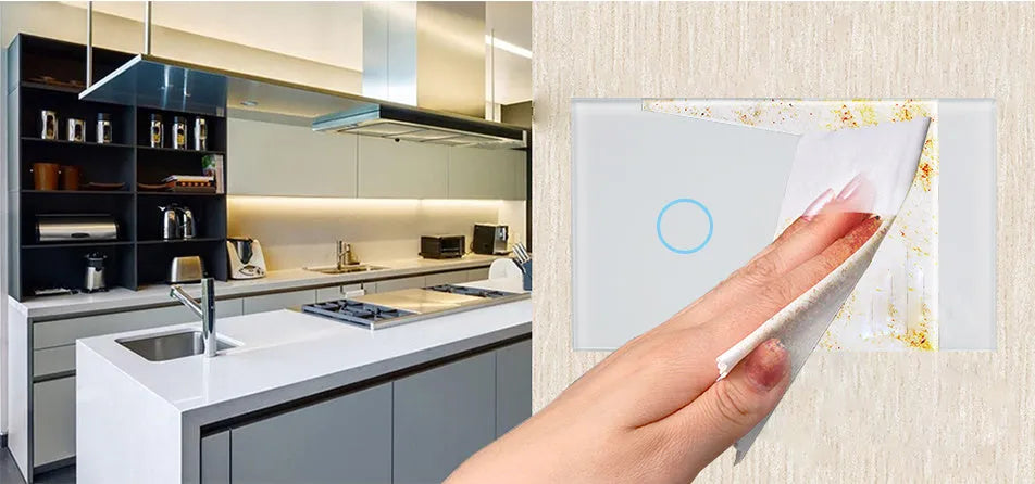 Modern 2-gang tempered glass touch light switch with white finish and blue LED indicator