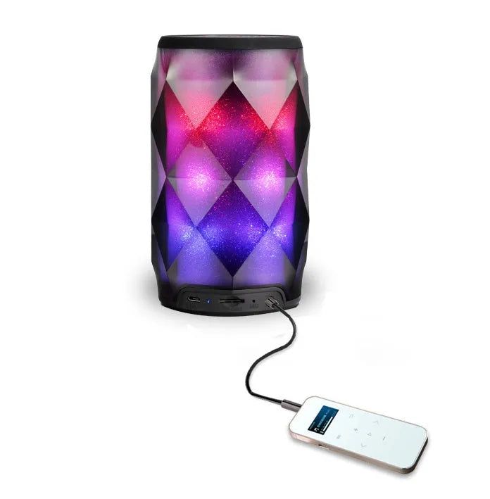 Black crystal diamond-cut Coke can shaped Bluetooth speaker lantern with colourful LED lighting.