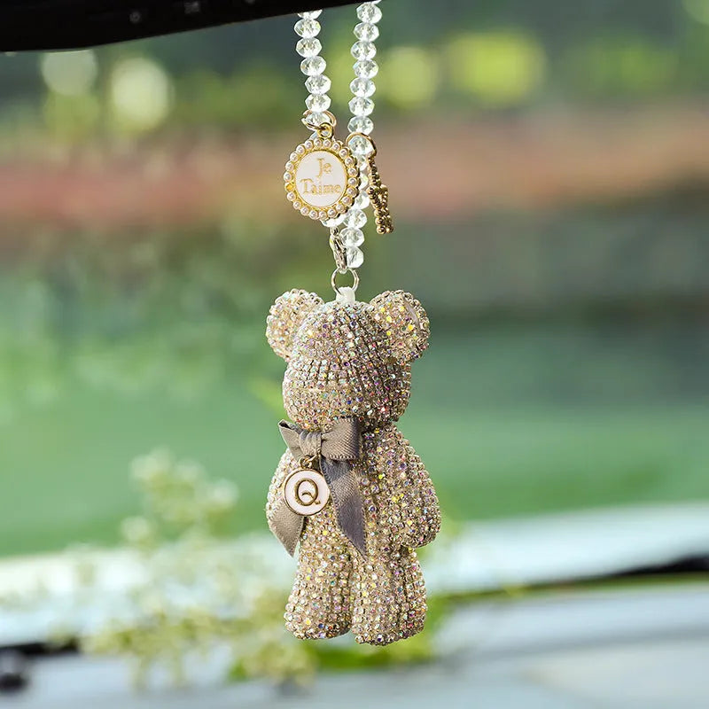 Black, white, and mixed pastel Violent Bear car rearview mirror pendant with diamond-embedded design