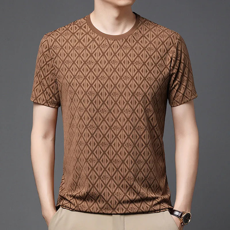 Men's black jacquard pattern short sleeve t-shirt with round neck and loose fit